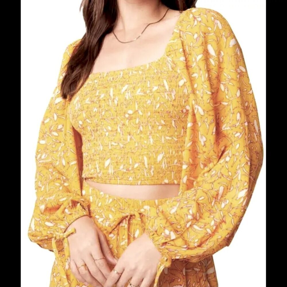 B.O.G. Collective Isabelle Crop Top Sz L Balloon Sleeve Smocked Bodice NEW